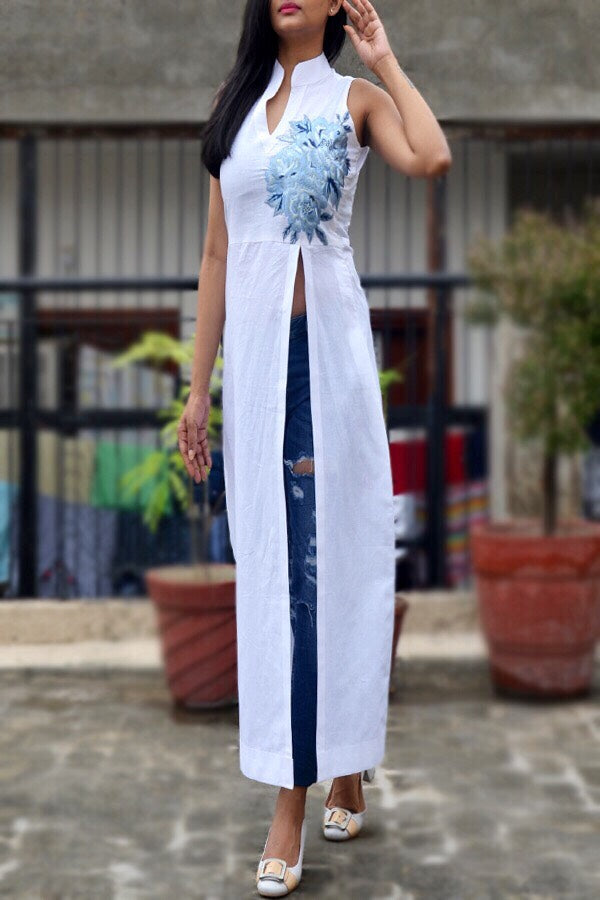 White Pure Linen Embroidered Kurti