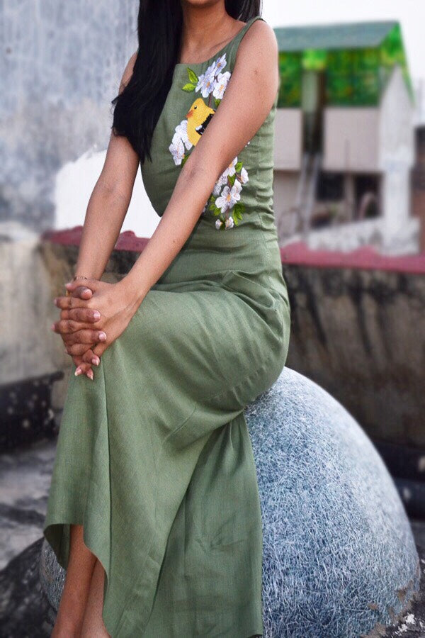Green Linen Embroidered A-Line Kurti Dress