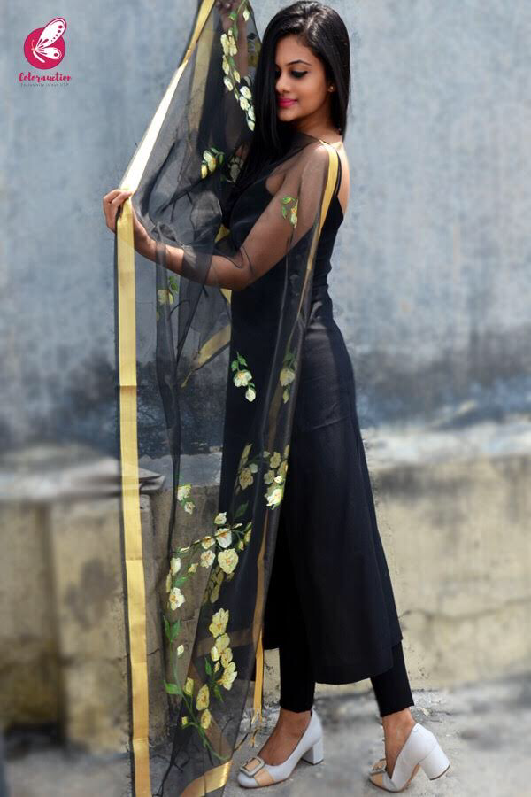 Black Organza Floral Hand Painted Stole