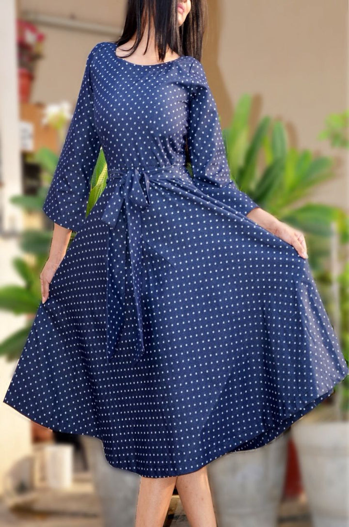 Blue Printed Denim Waist Belt Midi Dress