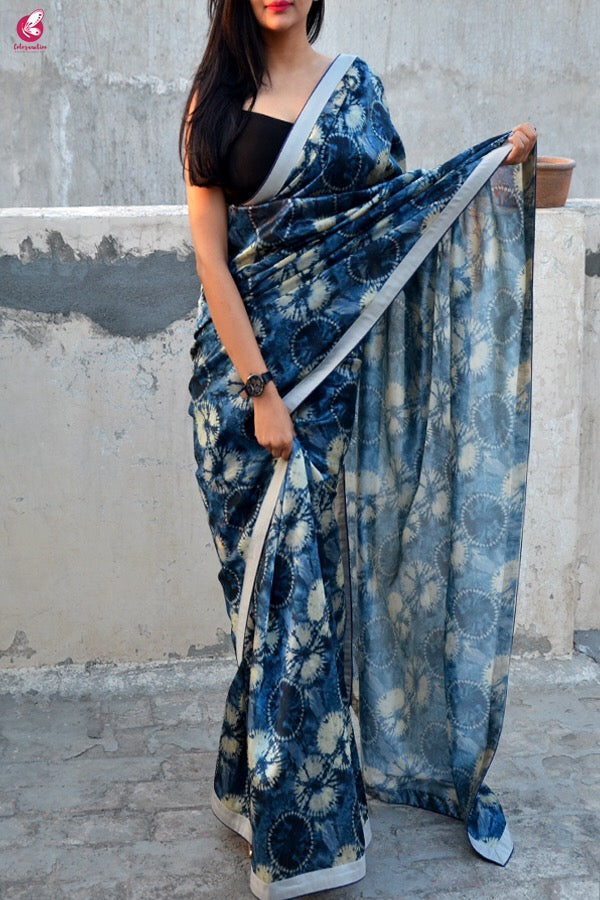 Blue &amp; Grey Printed Silk Border Saree