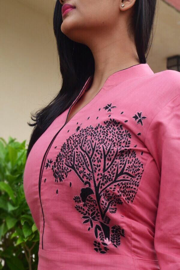 Carrot-red Embroidered A-Line Kurti Dress