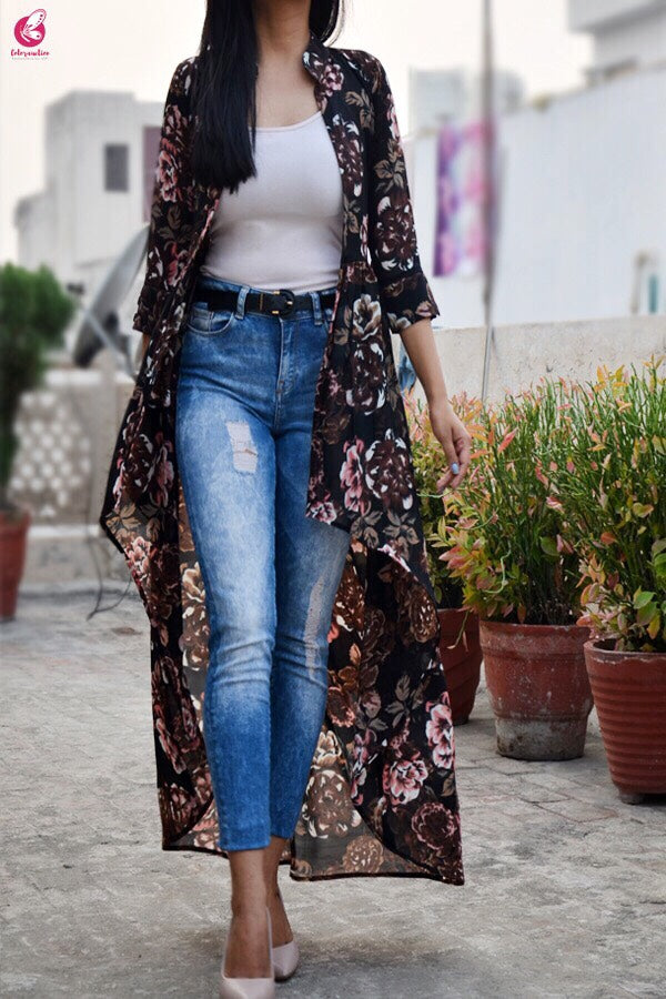 Black Multicolor Georgette Floral Long Shrug