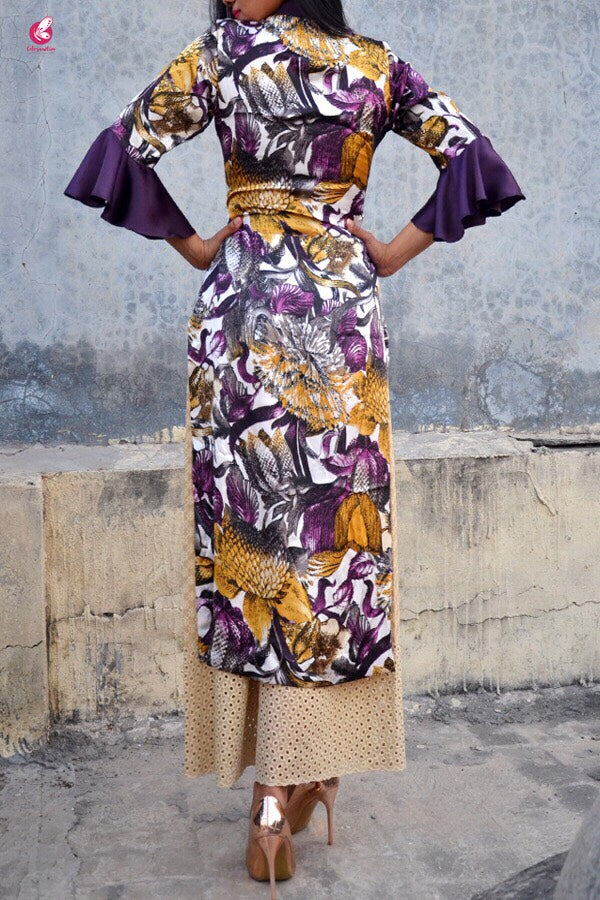 Purple Satin Printed Quarter Sleeves Kurti