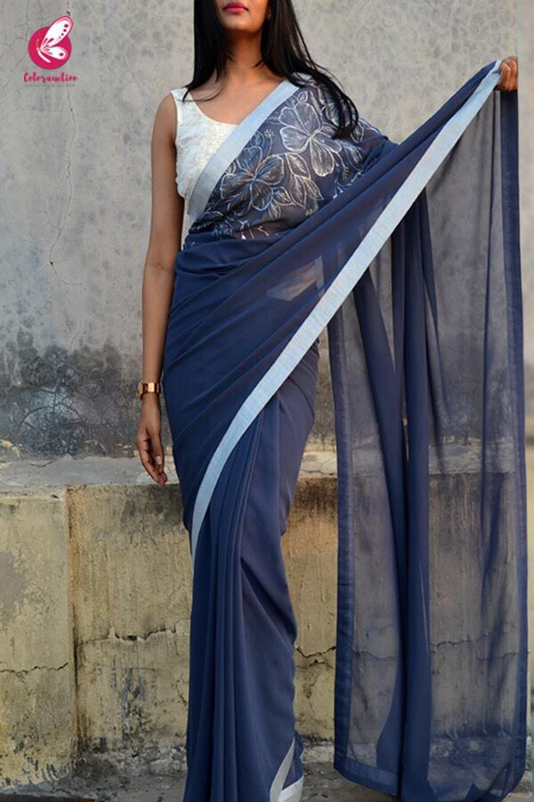 Blue-Grey Georgette Handpainted Saree