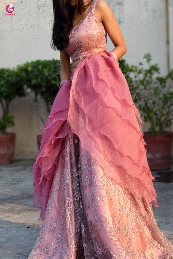 Pinkish Mauve Net Lehenga with Ruffle Dupatta