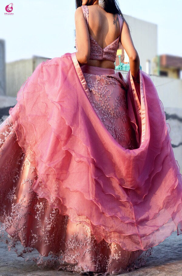 Pinkish Mauve Net Lehenga with Ruffle Dupatta