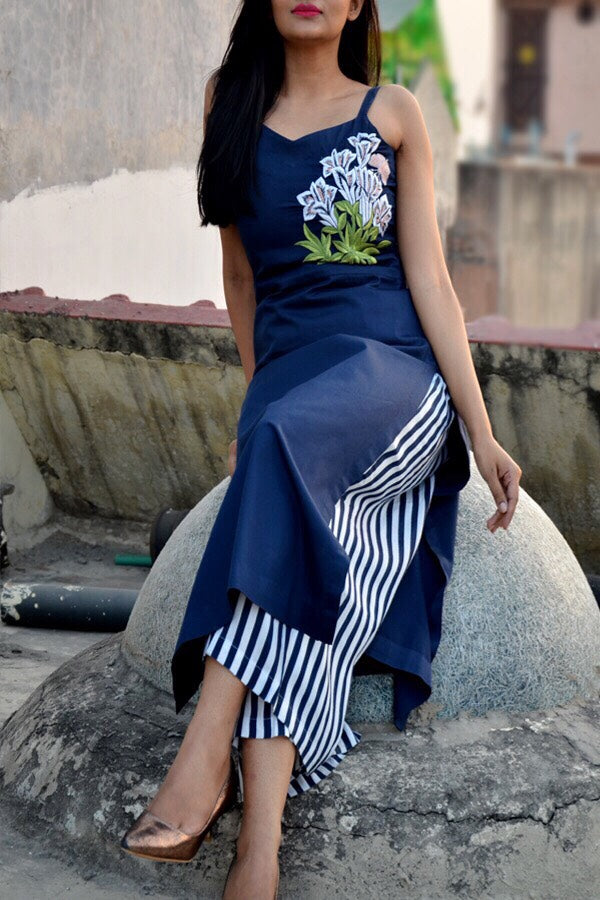 Blue Embroidered Kurti with Vertical Stripes Palazzo