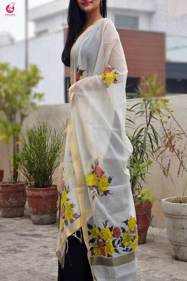 Off White Chanderi Floral Handpainted Stole