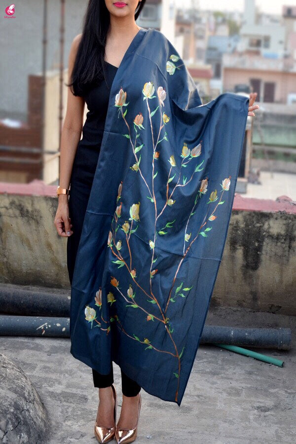Grey Silk Hand-painted  Multi Color Floral Stole
