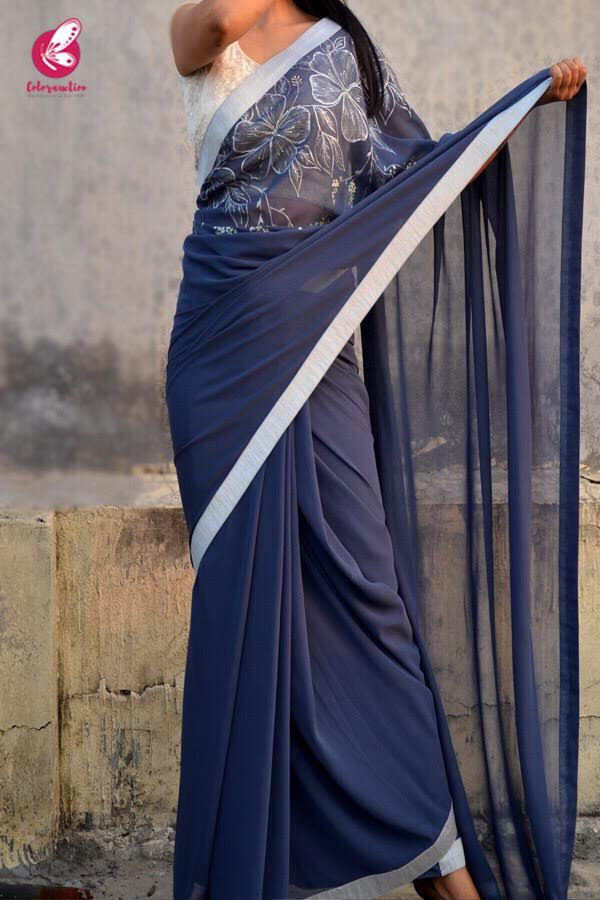 Blue-Grey Georgette Handpainted Saree