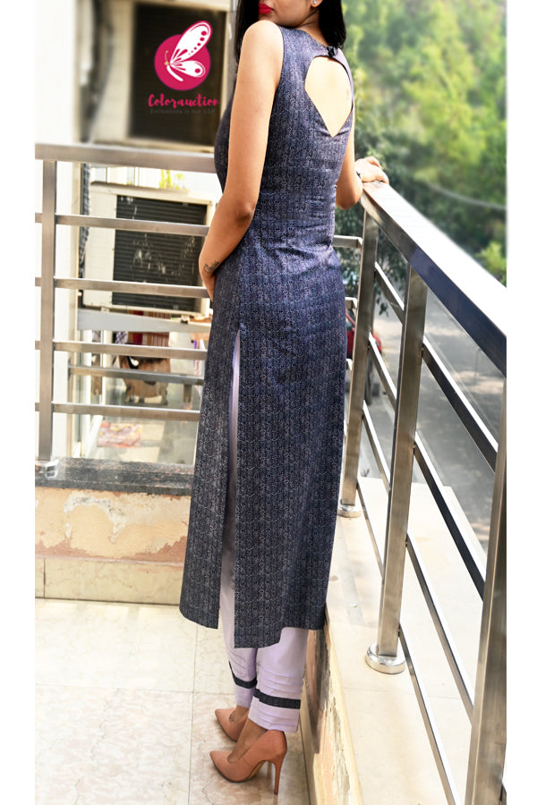 Blue-Purple Printed Sleeveless Cotton Silk Kurti With Lilac Pin-tucks Detailing Cotton Silk Pants