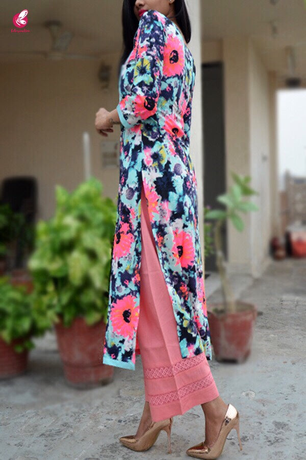 Pastel Blue Crepe Printed Straight Kurti