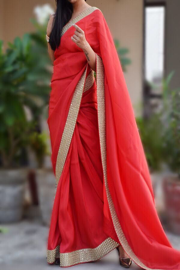 Red Crepe Mirror Handwork Designer Saree