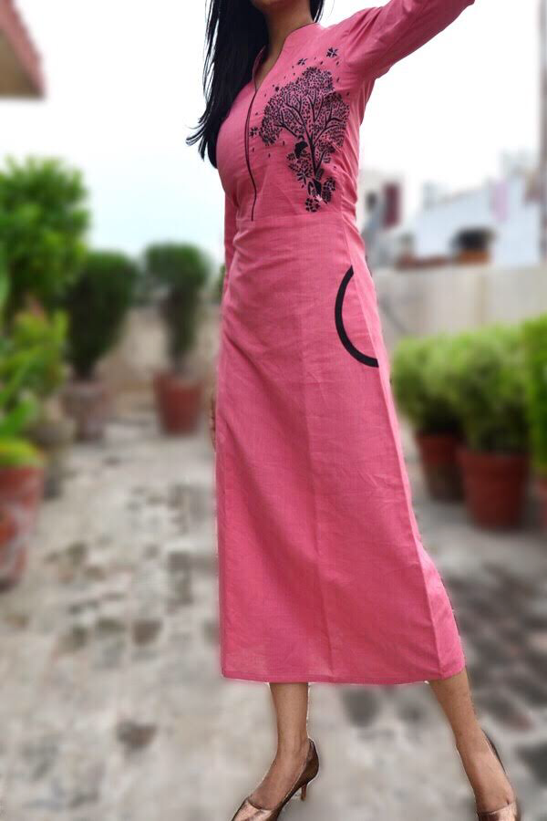 Carrot-red Embroidered A-Line Kurti Dress