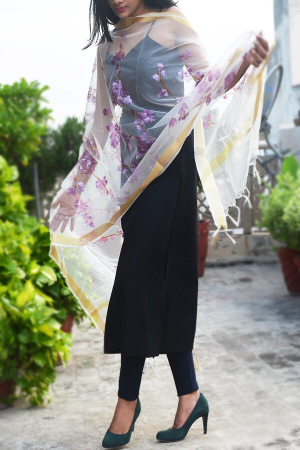 Off White Organza Floral Hand Painted Stole