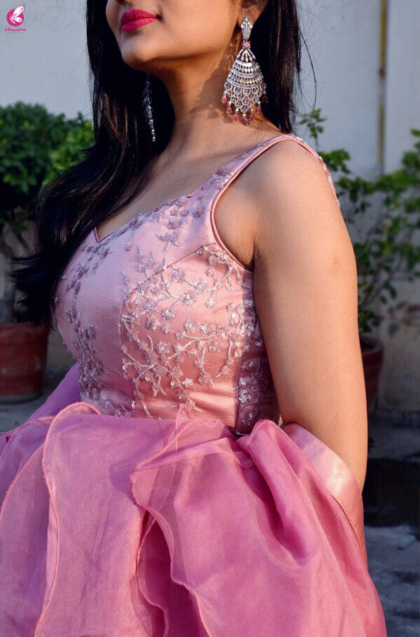 Pinkish Mauve Net Lehenga with Ruffle Dupatta