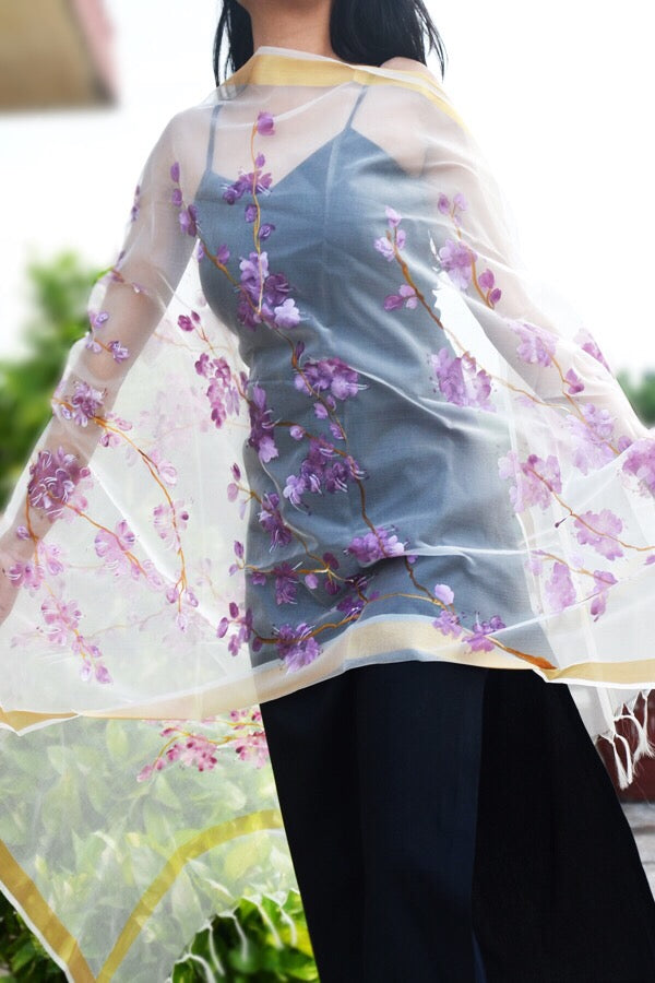 Off White Organza Floral Hand Painted Stole