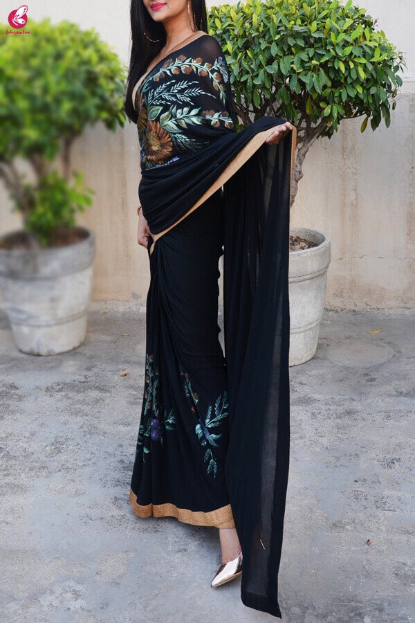 Black Lycra Net Hand-painted Saree