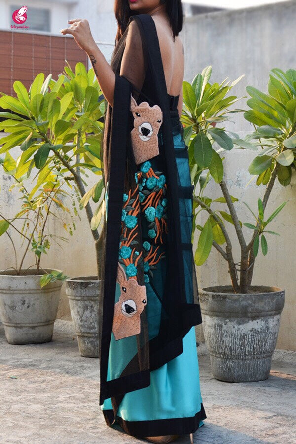 Seagreen Satin Embroidered Saree