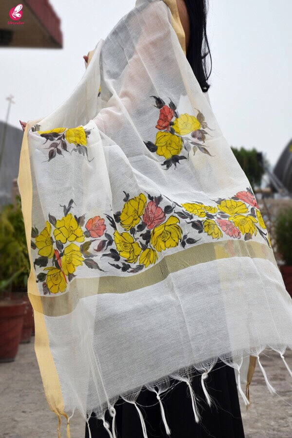 Off White Chanderi Floral Handpainted Stole