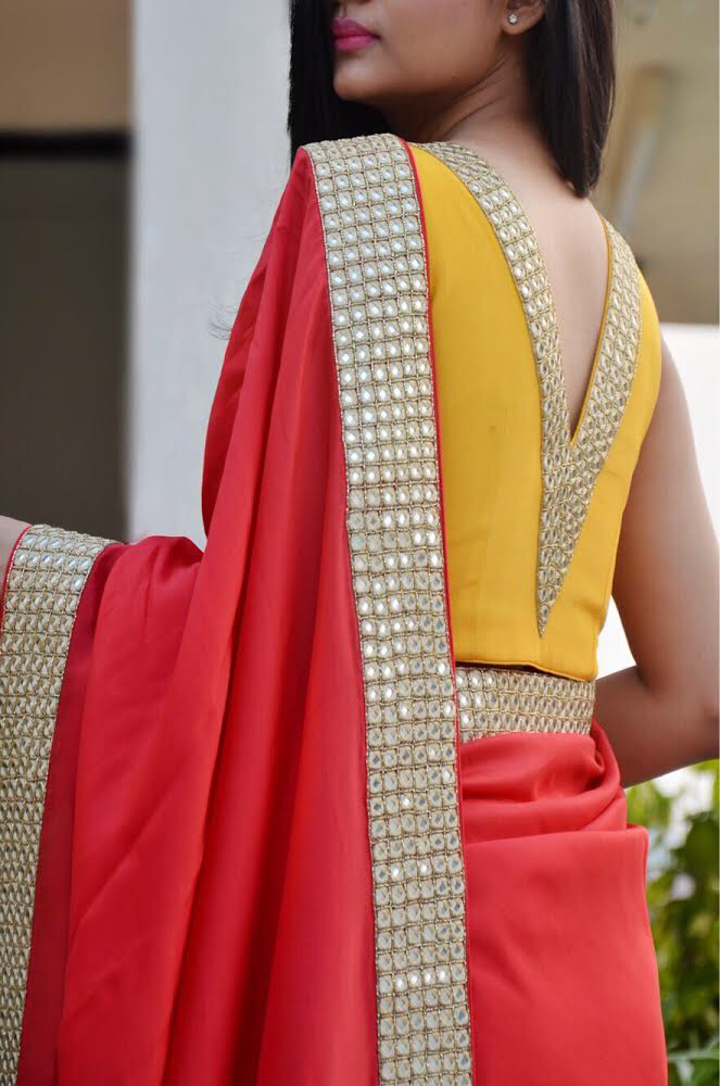 Red Crepe Mirror Handwork Designer Saree
