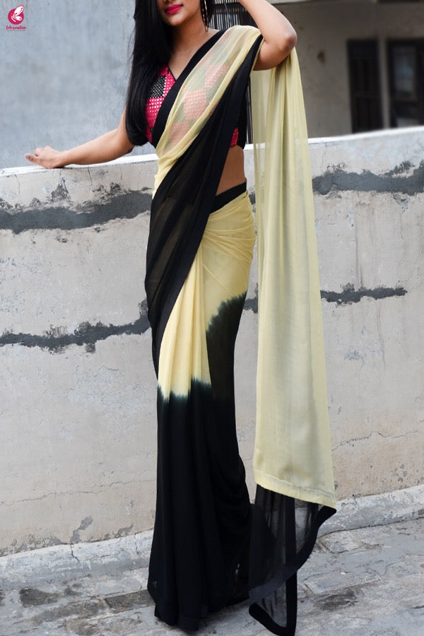 Double Shaded Georgette Black Cream Saree