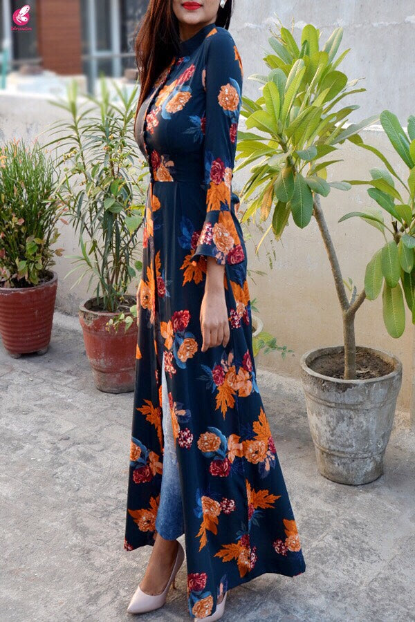 Blue Crepe Printed Floral Kurti
