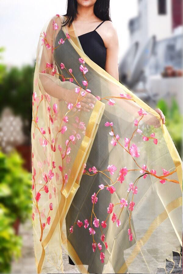 Cream Organza Floral Hand Painted Stole