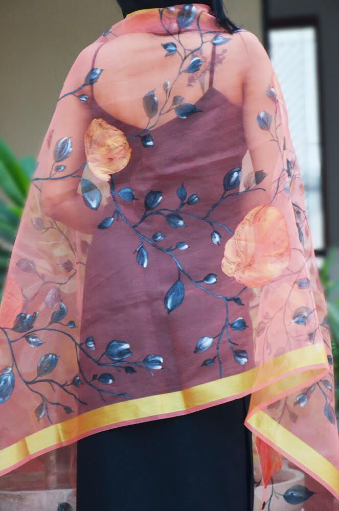 Peach Organza Floral Hand Painted Stole