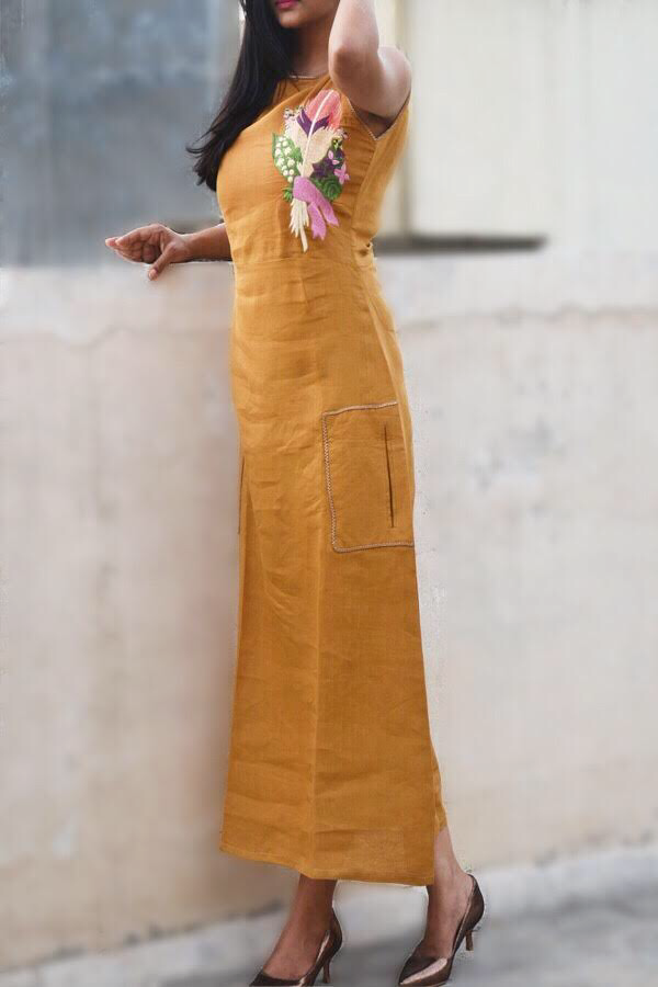 Mustard Linen Embroidered A-Line Kurti Dress