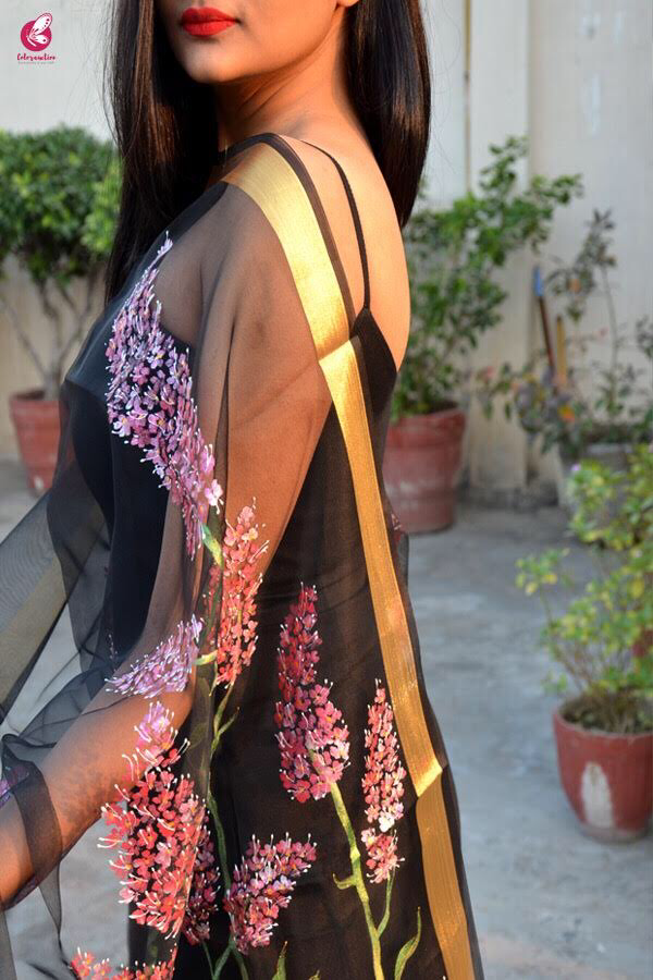 Black Handpainted Butterfly Floral Stole