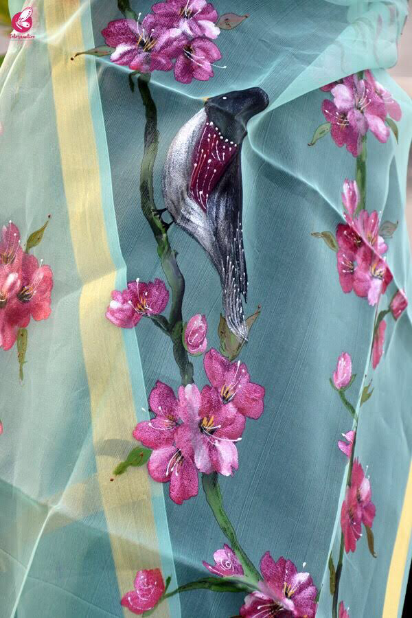Pista Green Handpainted Floral Organza Stole