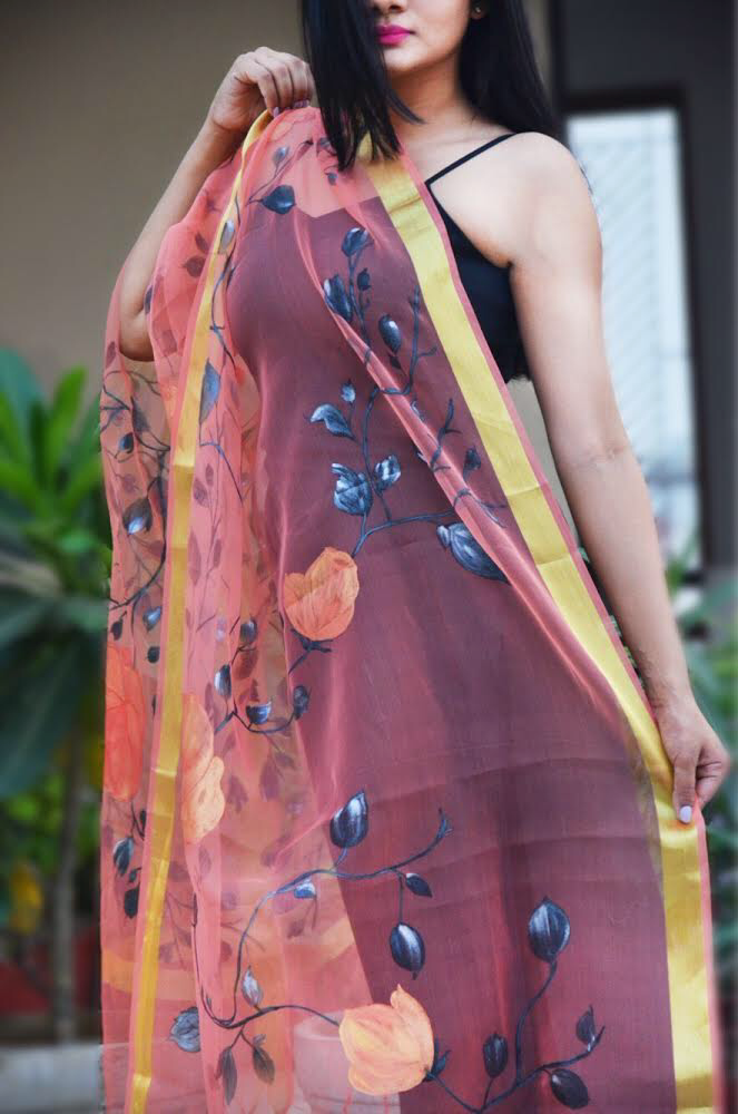 Peach Organza Floral Hand Painted Stole