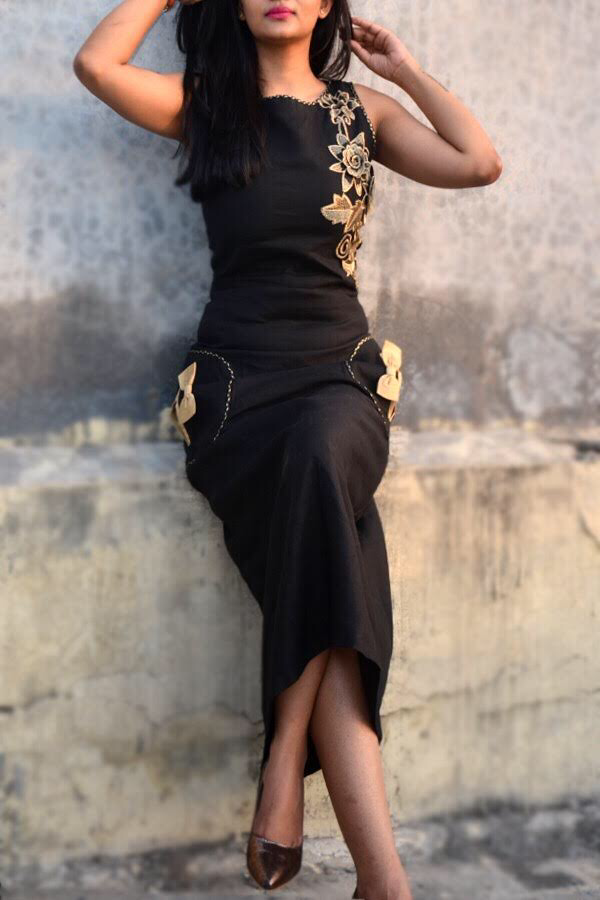 Black Linen A-Line Kurti Dress
