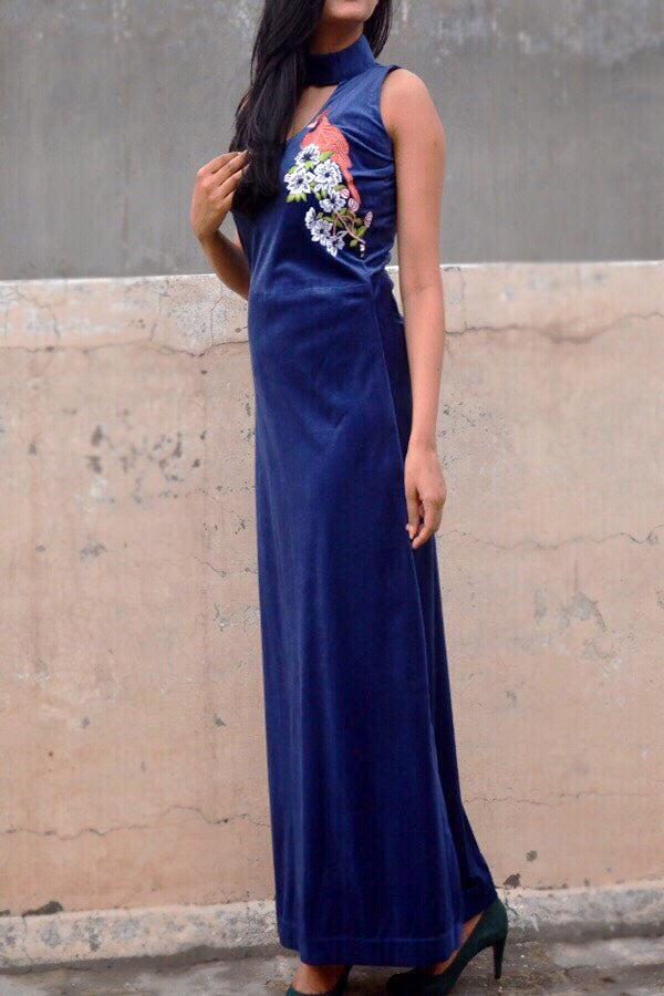 Blue Silky Velvet Sleeveless Maxi Dress
