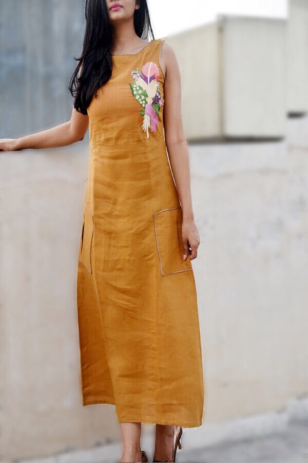 Mustard Linen Embroidered A-Line Kurti Dress