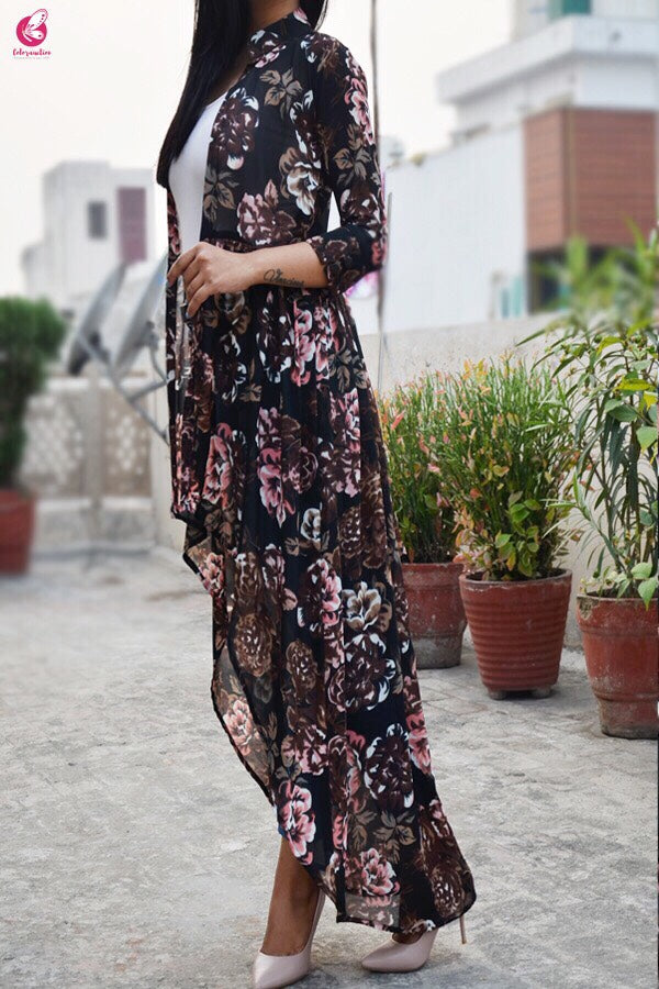 Black Multicolor Georgette Floral Long Shrug