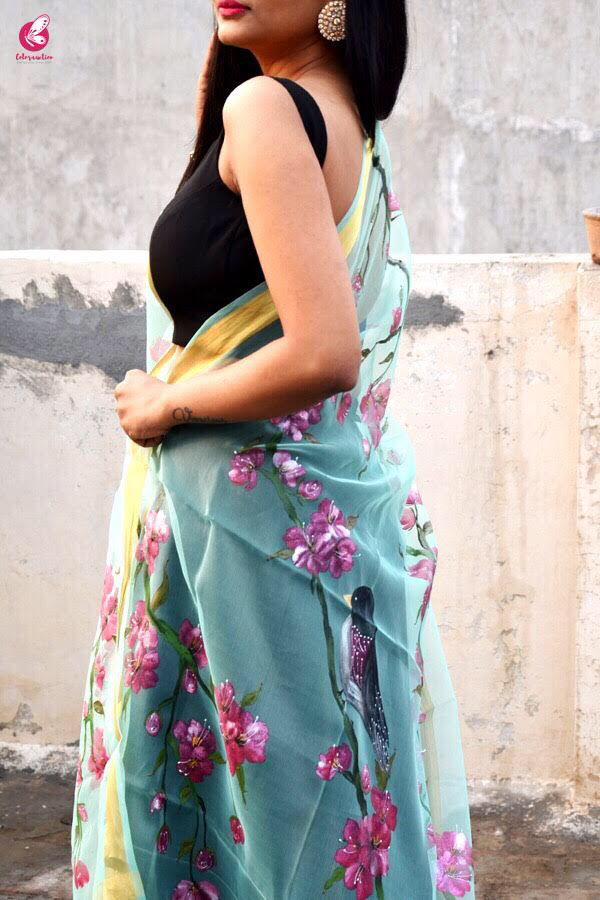 Pista Green Handpainted Floral Organza Stole