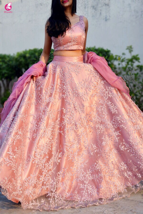 Pinkish Mauve Net Lehenga with Ruffle Dupatta