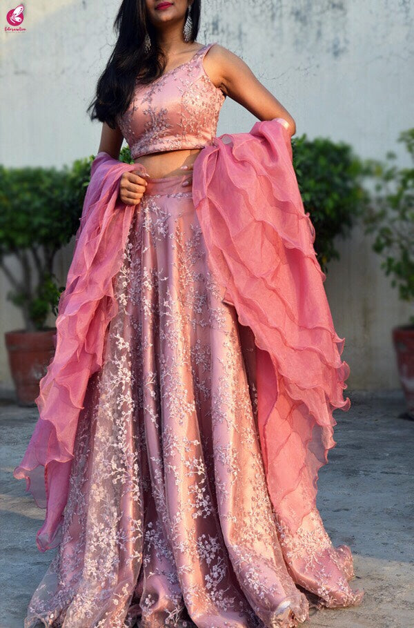 Pinkish Mauve Net Lehenga with Ruffle Dupatta