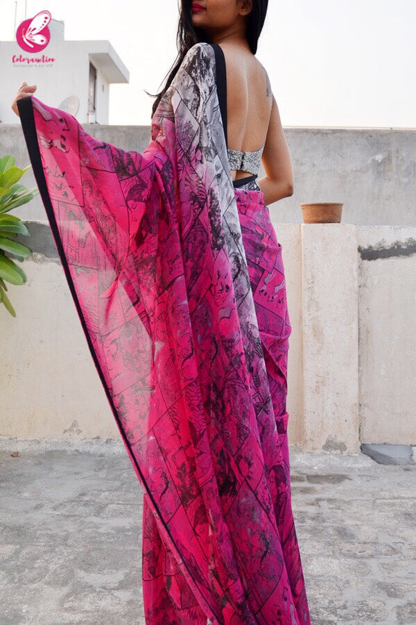 Grey and Pink Printed Georgette Saree