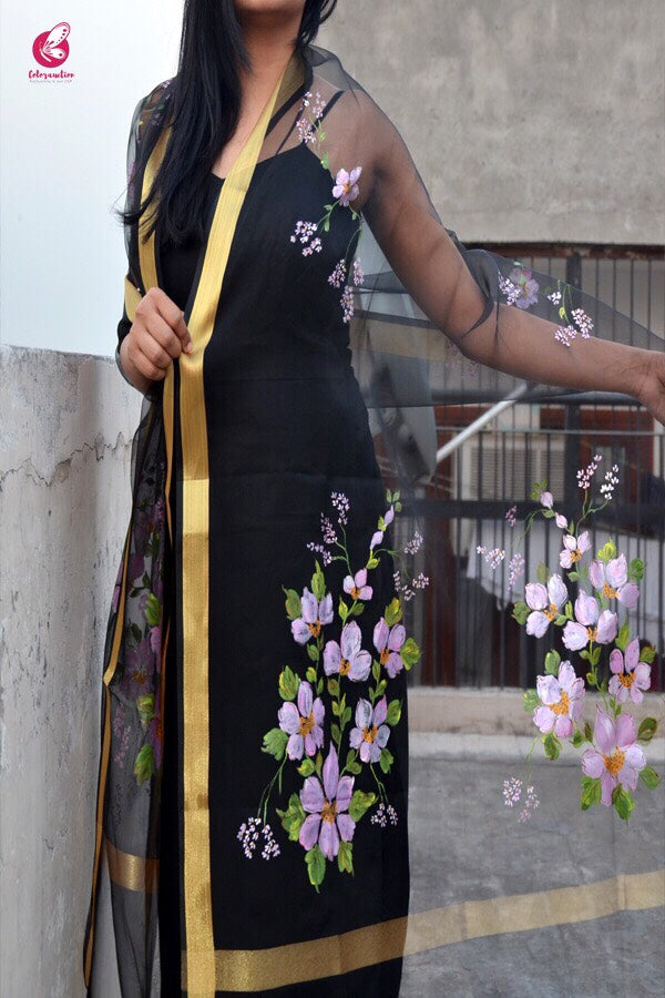 Black Organza Handpainted Floral stole