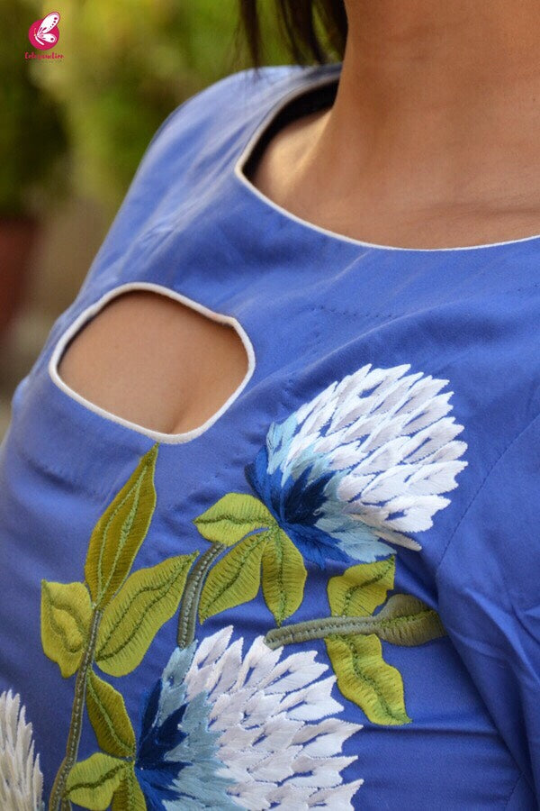 Blue Sarton Lycra Embroidered A-Line Kurti