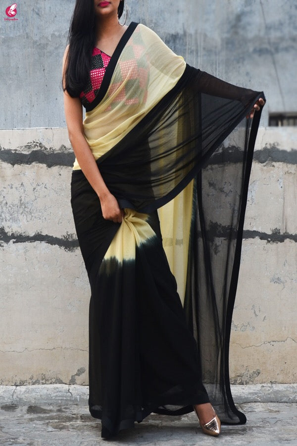 Double Shaded Georgette Black Cream Saree