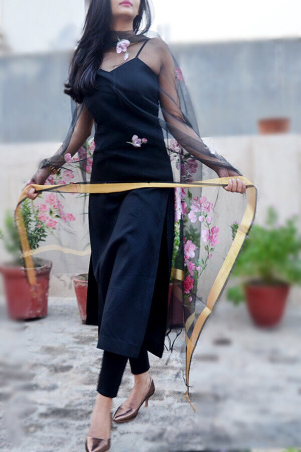 Black Organza Floral Hand Painted Stole