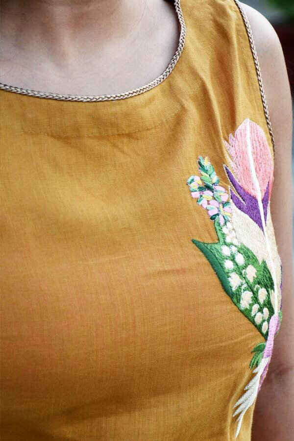 Mustard Linen Embroidered A-Line Kurti Dress