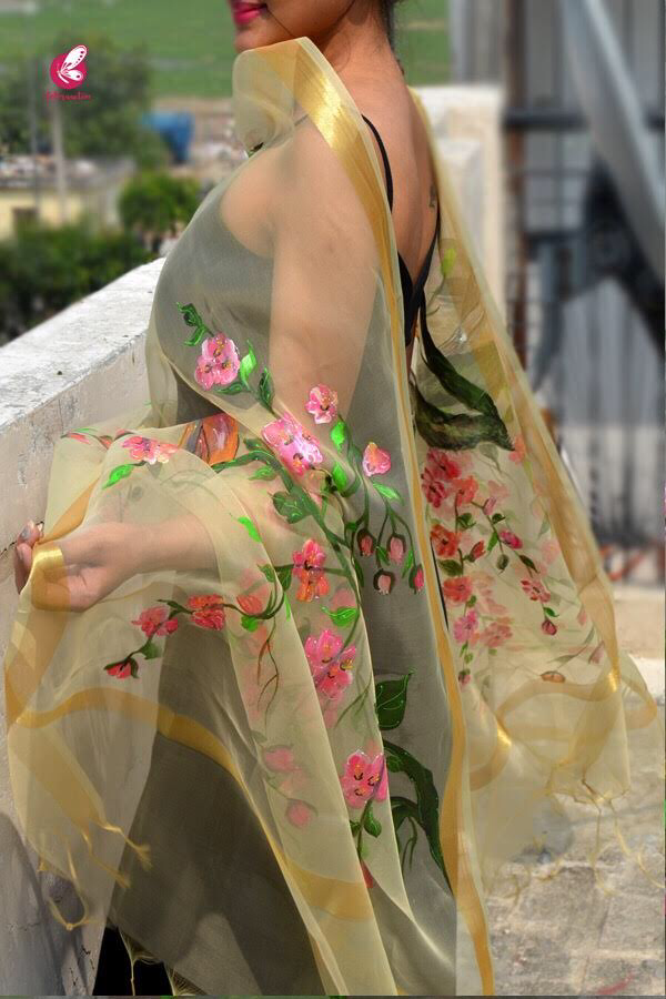 Cream Organza Hand Painted Floral Stole