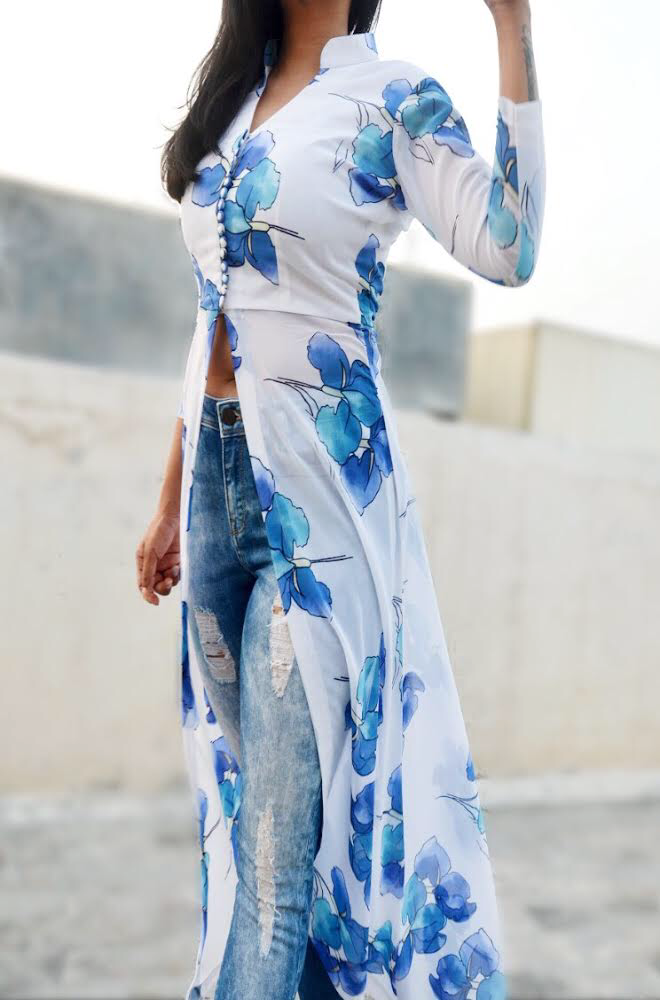 Off White Printed Georgette Kurti