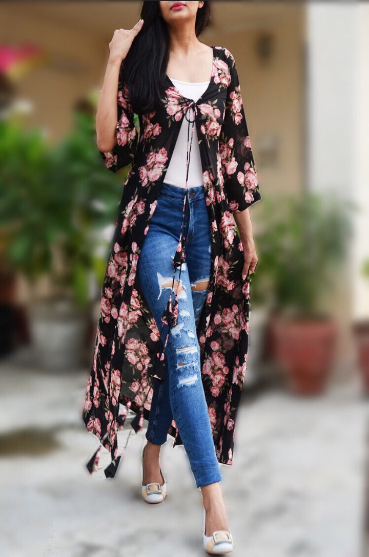 Black Printed Georgette Long Floral Shrug